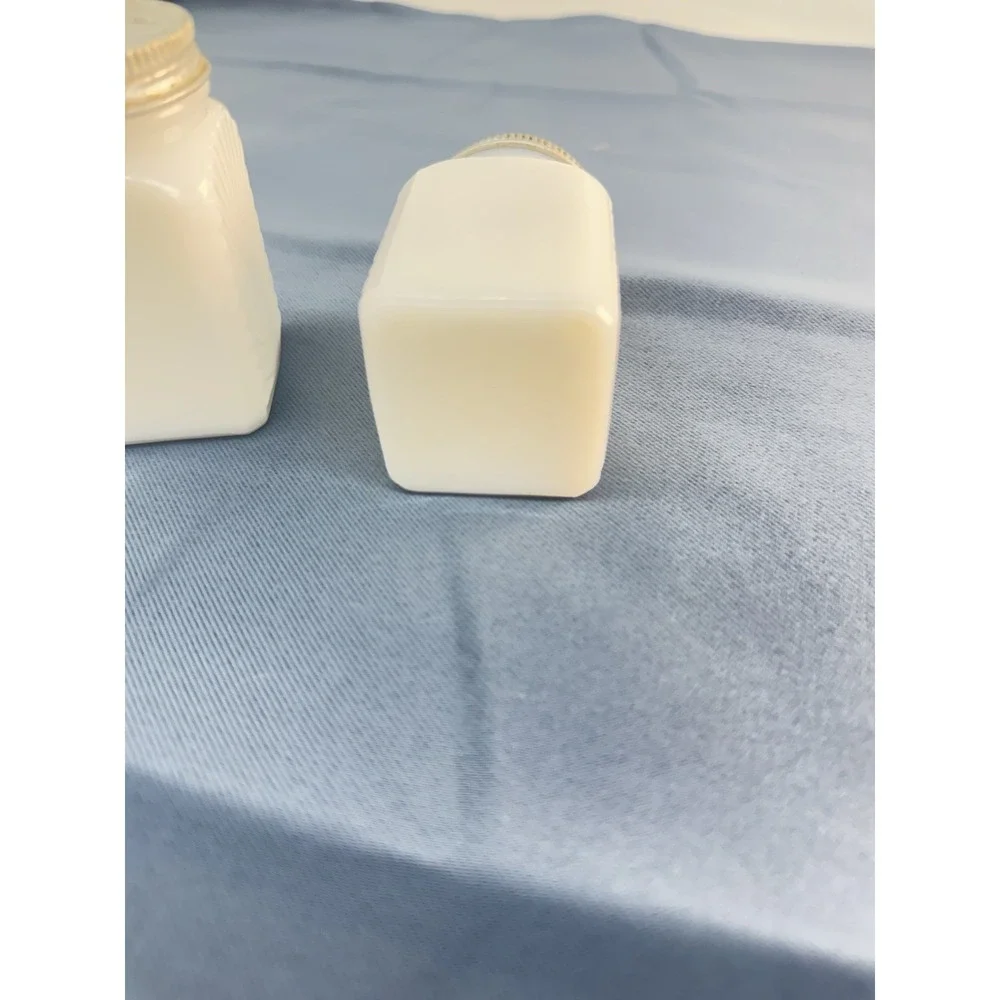 Antique White Glass Salt & Pepper Shakers Set Refillable Silver Metal Tops 4.25